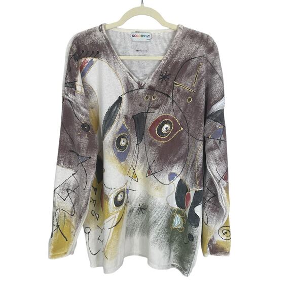 Vintage Kolorway Cotton Hand Painted Sweater Neutral Women's Size 2 Art To Wear - Picture 2 of 13